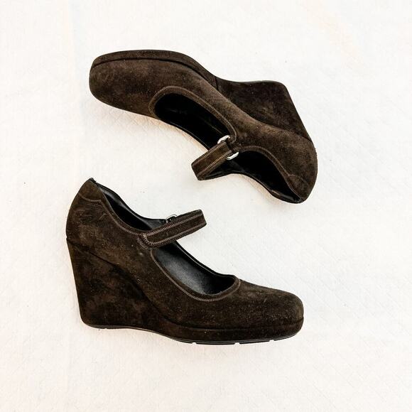 Prada Brown Suede Leather Mary Jane Wedge Pump Size 39 - Picture 2 of 6